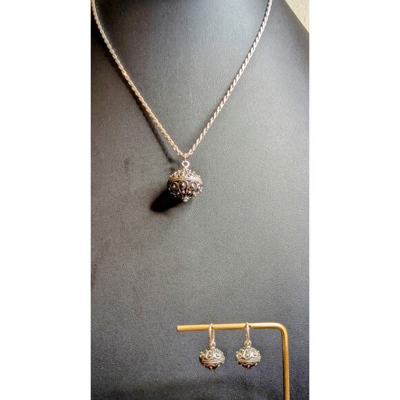 VTG 925 Italy SS Rope Chain Bali Ball Pendant & Hoop Dangle Earring Set 24.39g - Picture 1 of 10